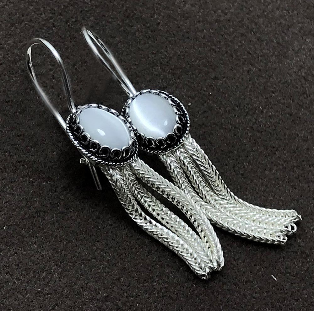 Oval Model Mardin Straw Silver Earrings With Cat's Eye (NG201008631)