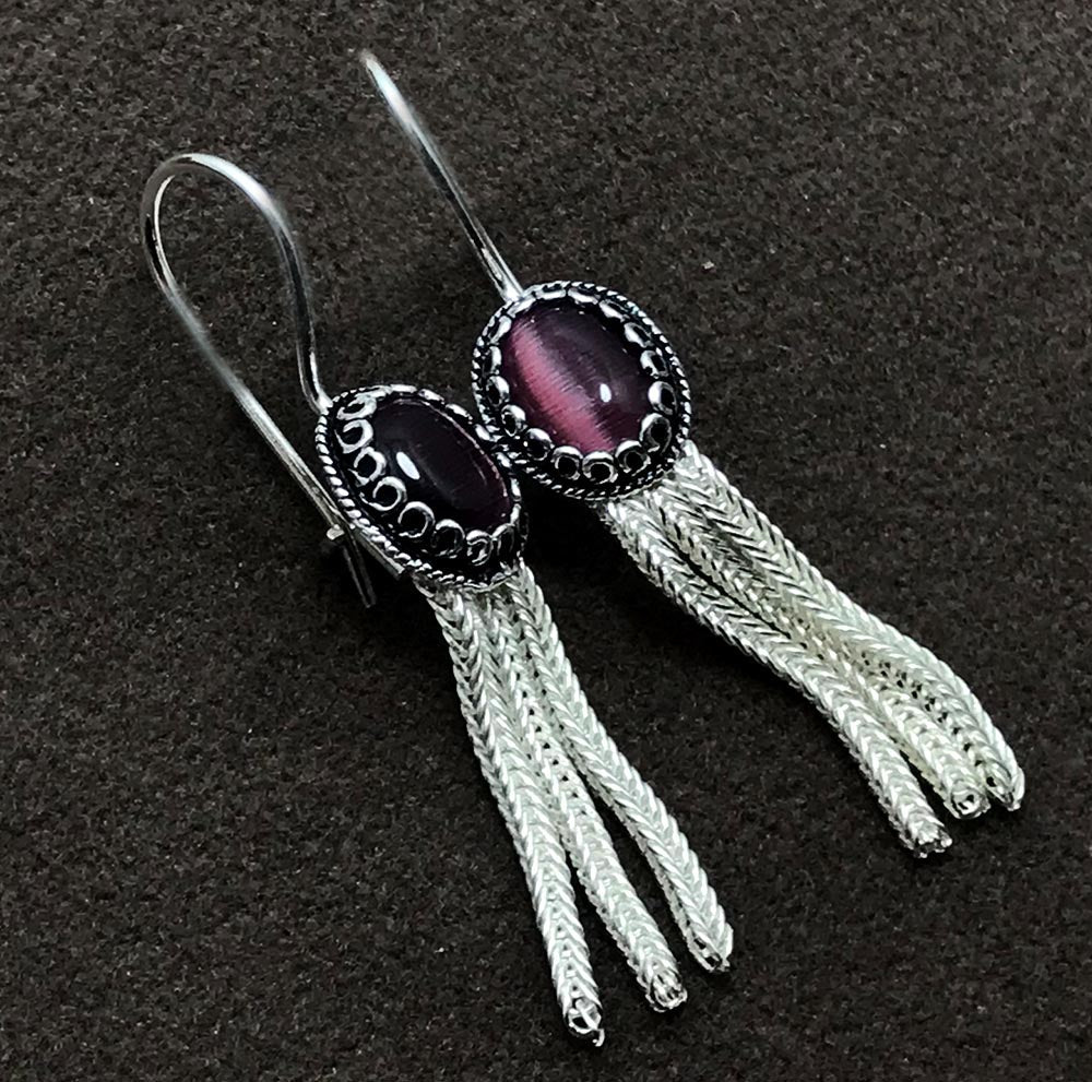 Oval Model Mardin Straw Silver Earrings With Cat's Eye (NG201008633)