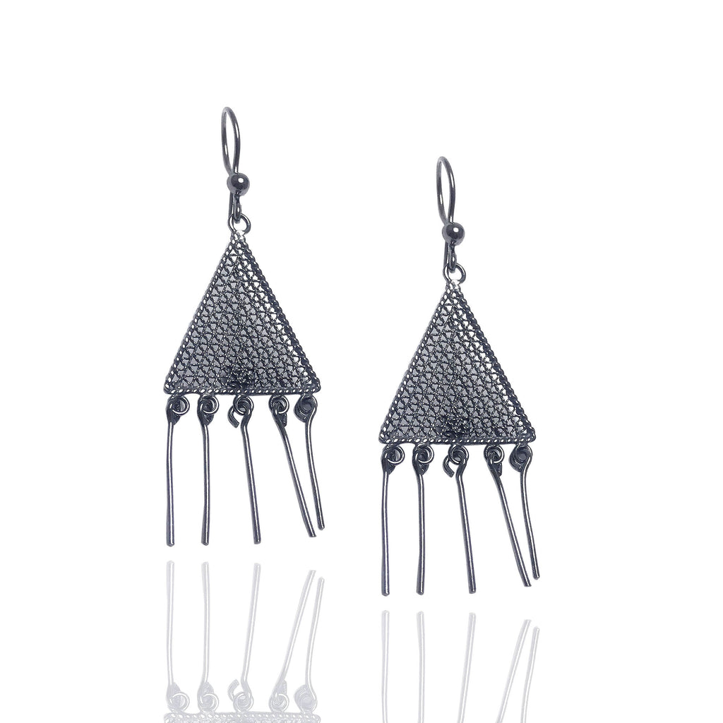 Pyramid Model Oxidized Filigree Silver Earrings (NG201017338)