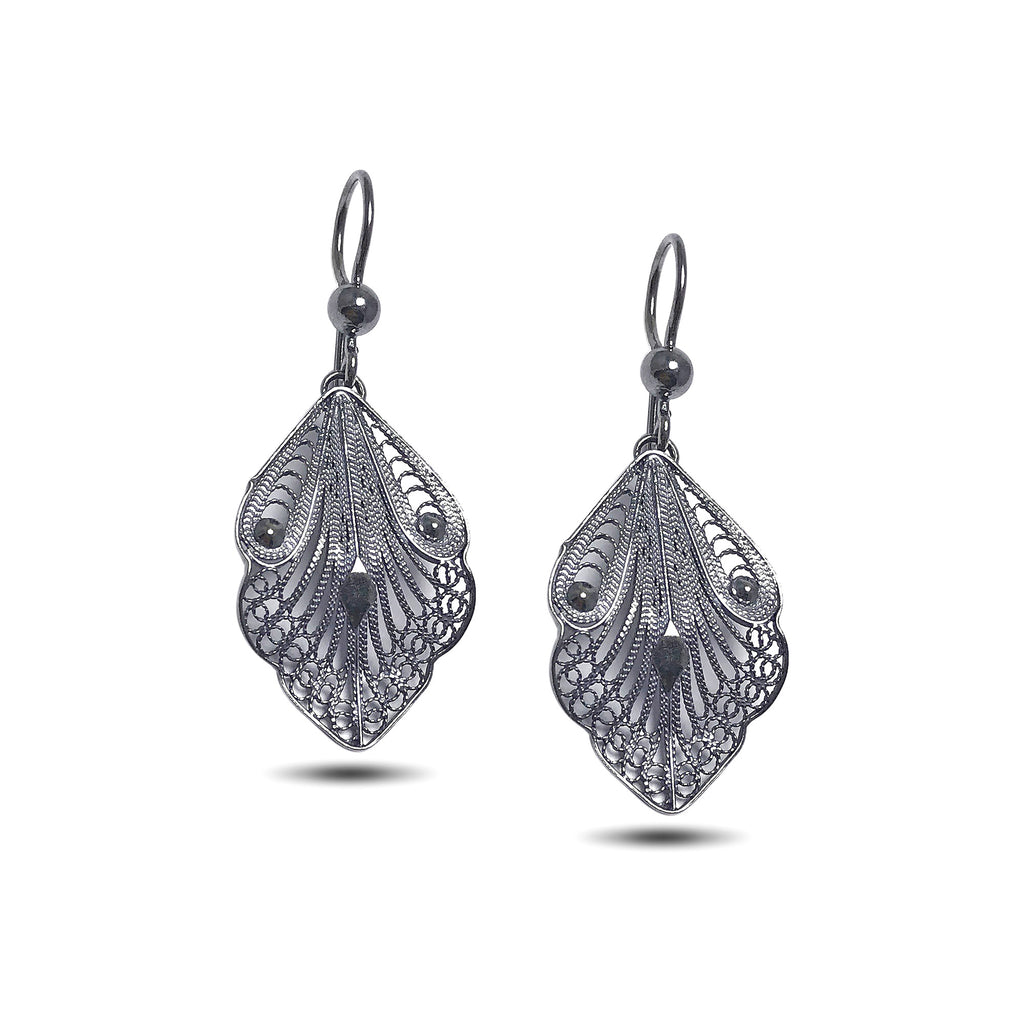 Leaf Model Oxidized Filigree Silver Earrings (NG201017339)