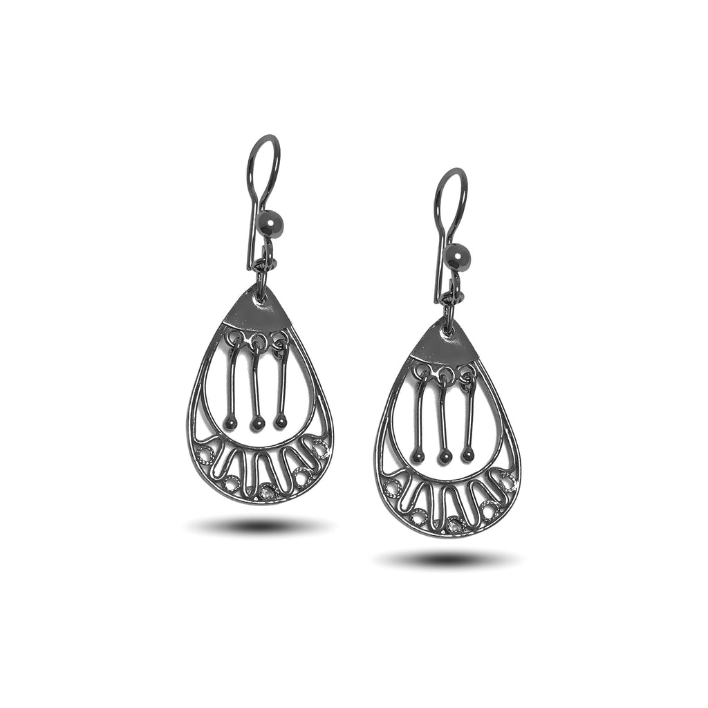 Drop Model Oxidized Filigree Silver Earrings (NG201017345)